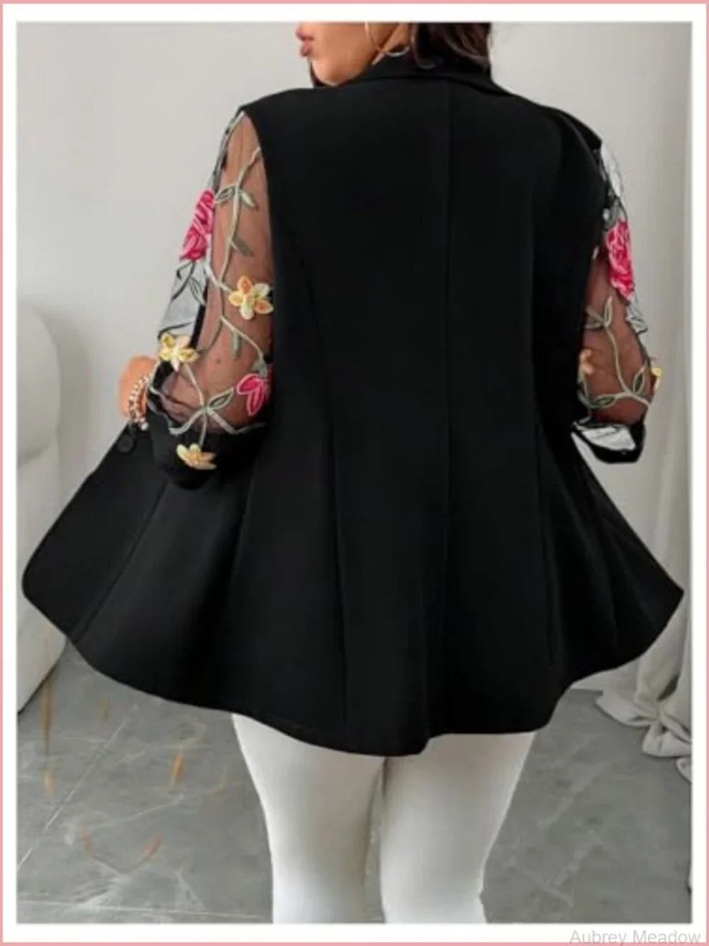 Plus Size Floral Embroidered Mesh Button Down Blazer 3/4 Sleeve